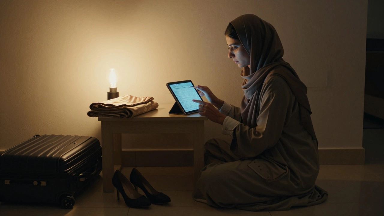 A woman in Deira reviews her schedule on a tablet, hijab and heels beside her, warm light highlighting her quiet focus.