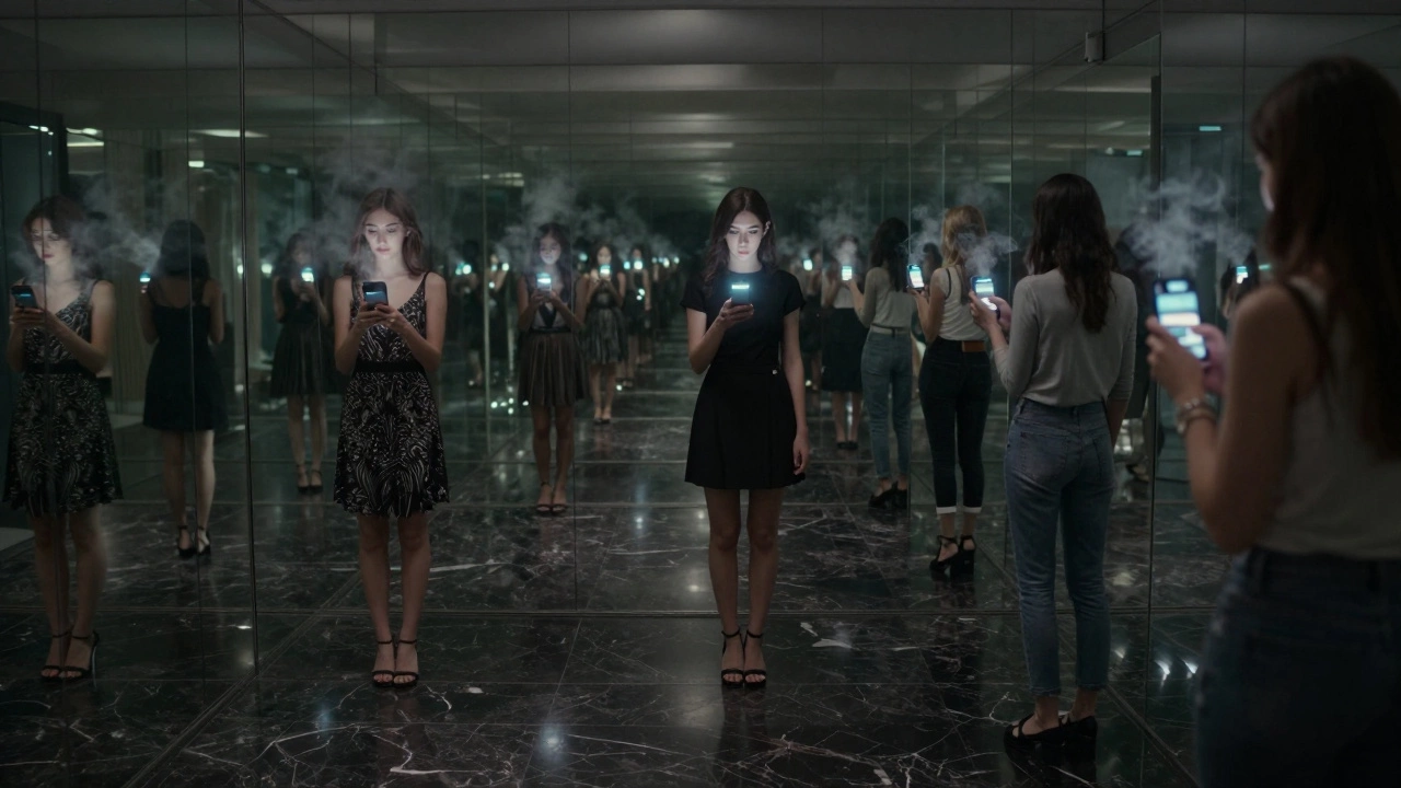 An infinite hallway of mirrors reflects different women, each holding a glowing phone, their images fading into smoke.
