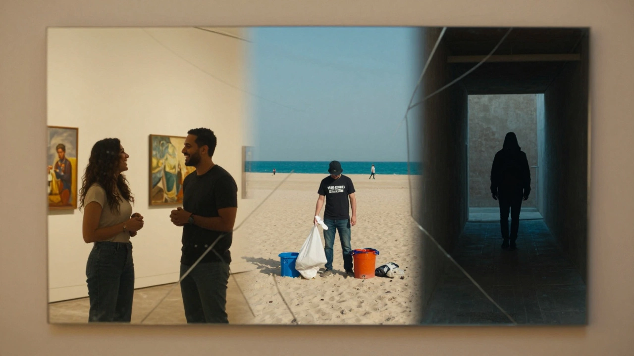 Fractured mirror showing legal social activities versus a shadowy underground path in Dubai.