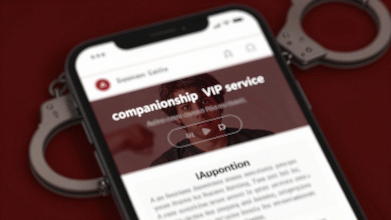 Smartphone screen showing a deceptive escort website with hidden legal consequences implied.